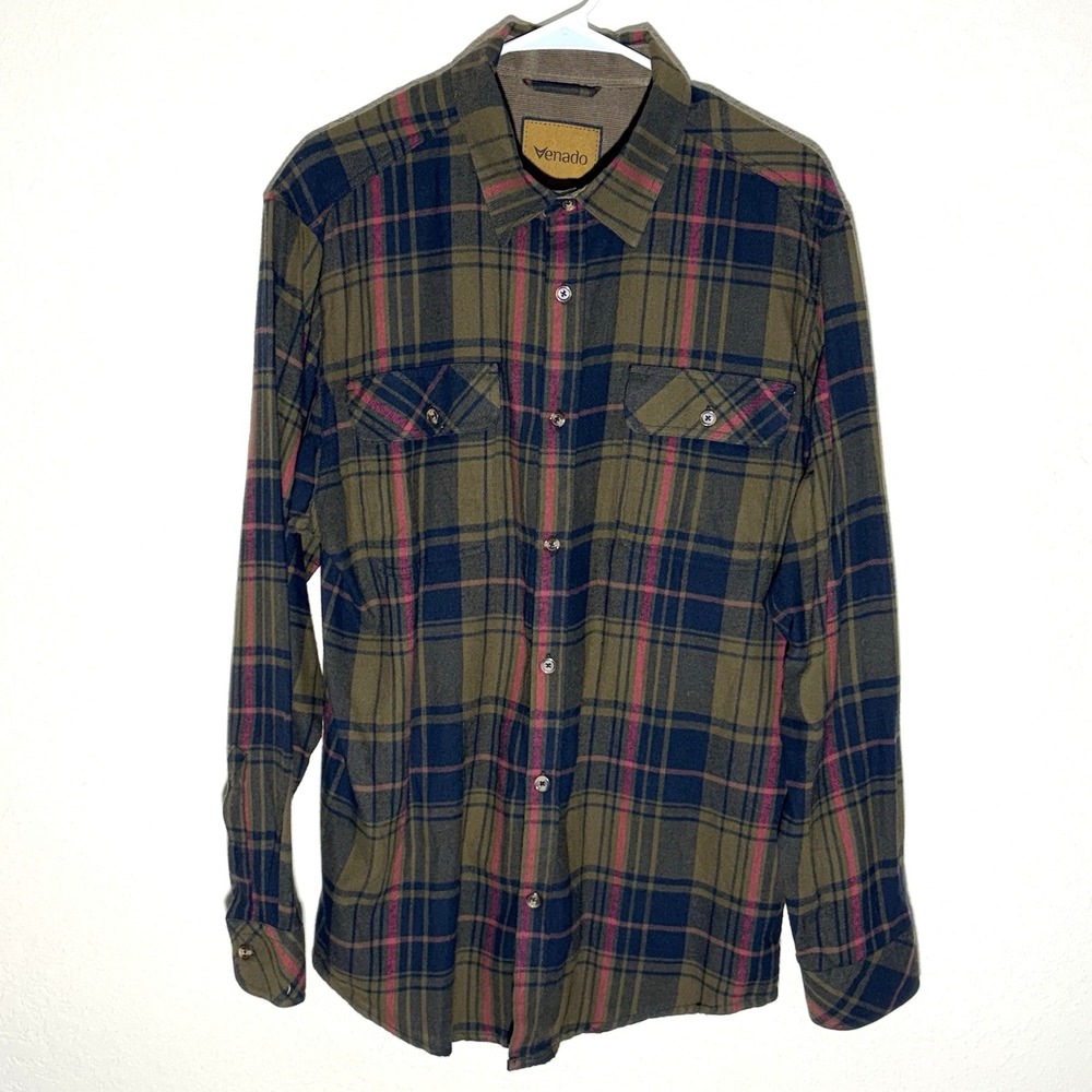 Venado Men's L Plaid Long Sleeve Button Up Shirt Green Navy Pink‎